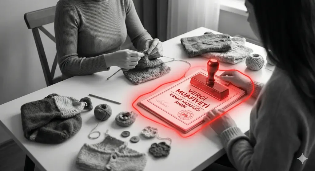 Evde el emeği ürünler üreten bir kişinin vergi muafiyeti belgesi ile çalıştığını gösteren görsel.