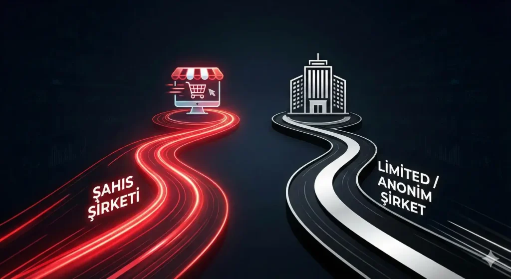 E-ticaret için Şahıs Şirketi ile Limited/Anonim Şirket arasındaki farkı gösteren karşılaştırmalı görsel.