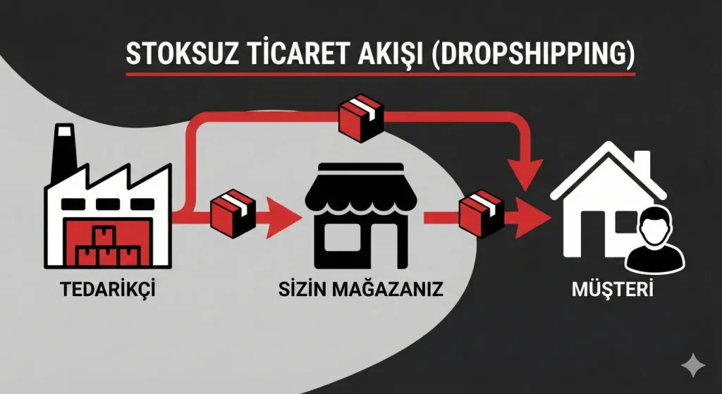 Tedarikçiden Müşteriye Doğrudan Ürün Akışını Gösteren Dropshipping Diyagram
